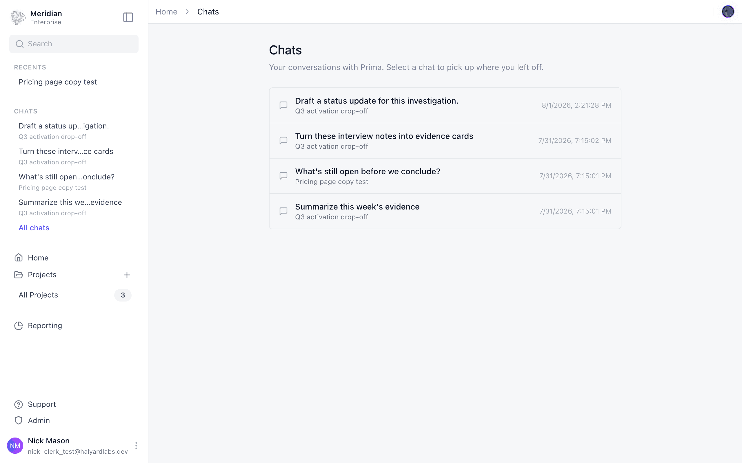 The chat index, where each conversation with Prima names the investigation it belongs to.